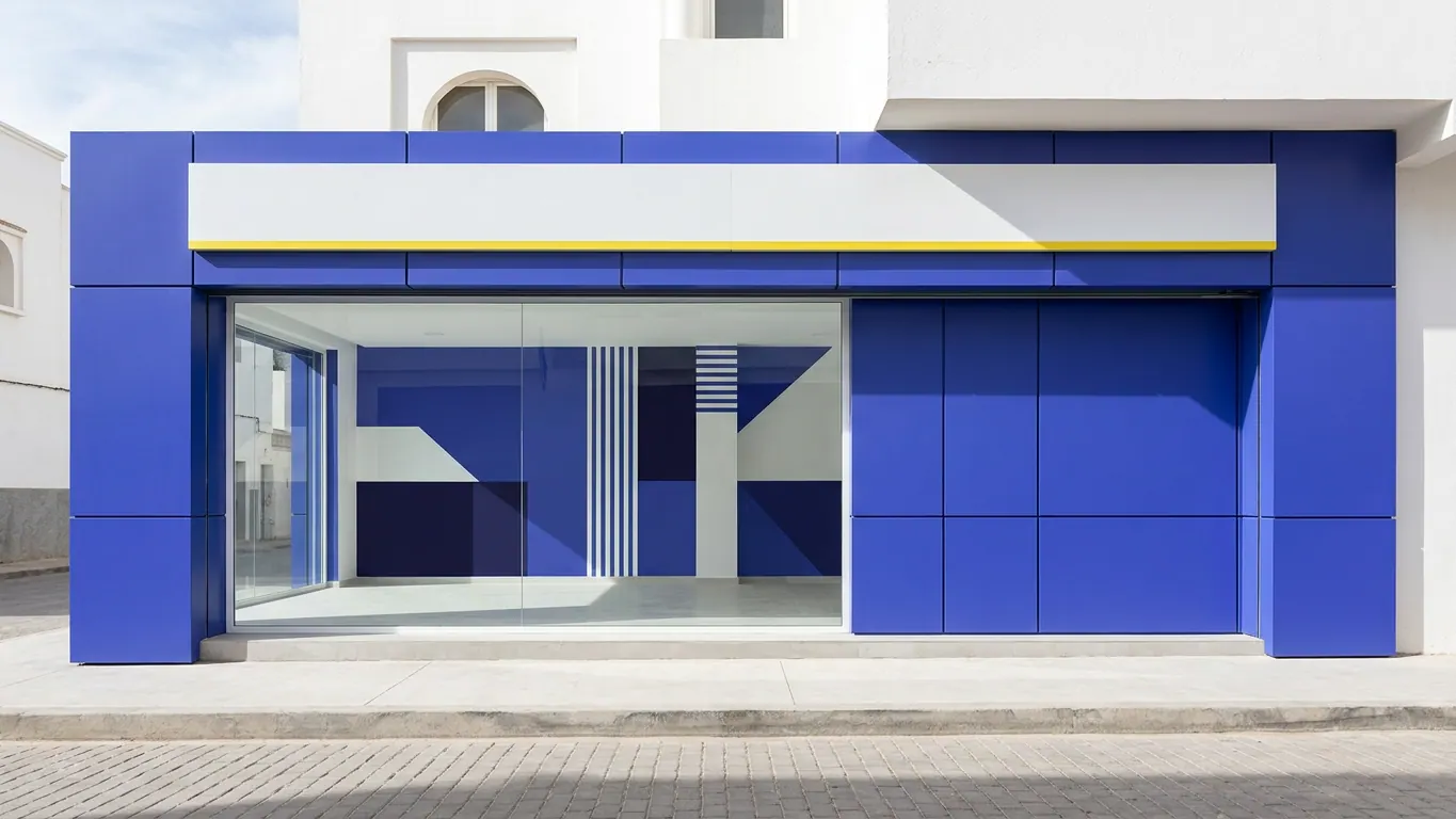Façade de magasin habillée de panneaux composite aluminium bleu majorelle avec bandeau blanc vierge, filet jaune et grande vitrine — Imprimerie en ligne au Maroc