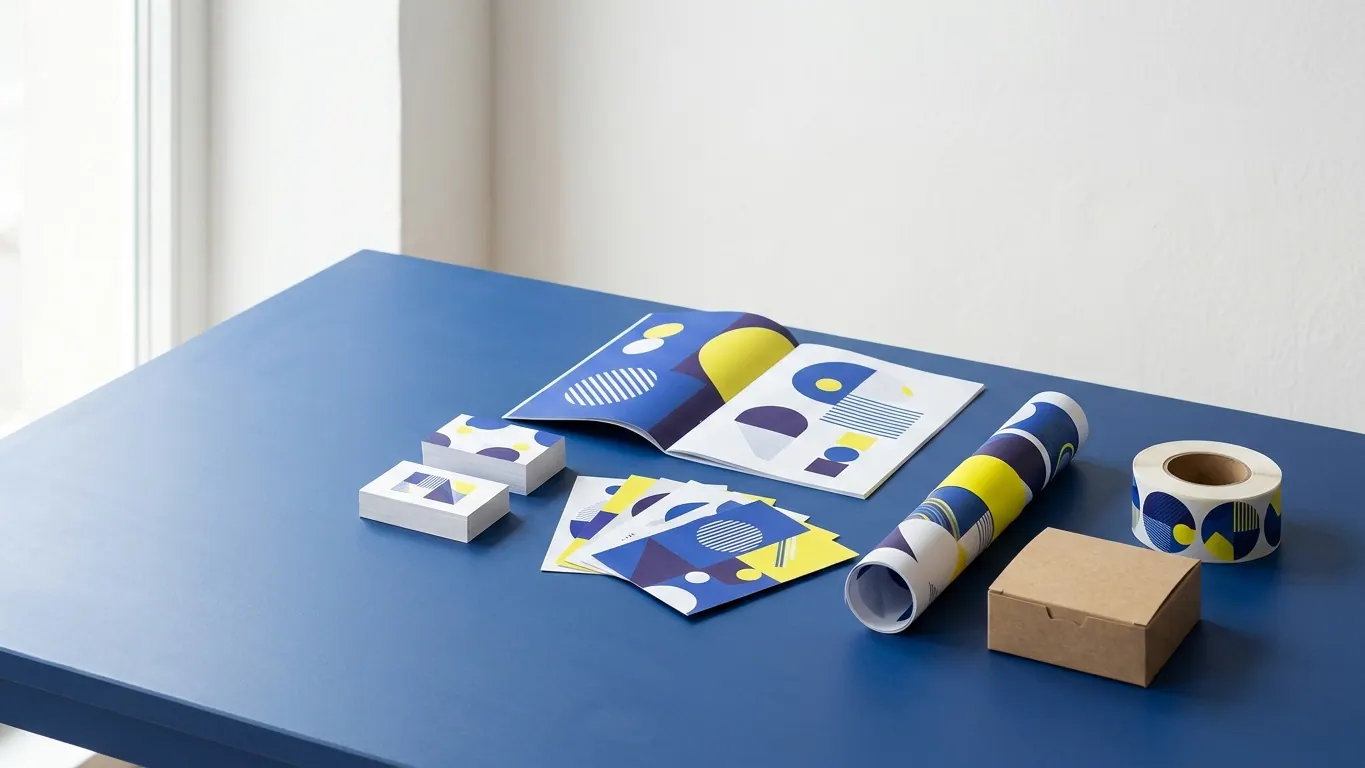 Assortiment de supports imprimés sur une table bleu majorelle : cartes de visite, flyers, brochure ouverte, affiche roulée, boîte kraft et rouleau d'étiquettes — Imprimerie en ligne au Maroc